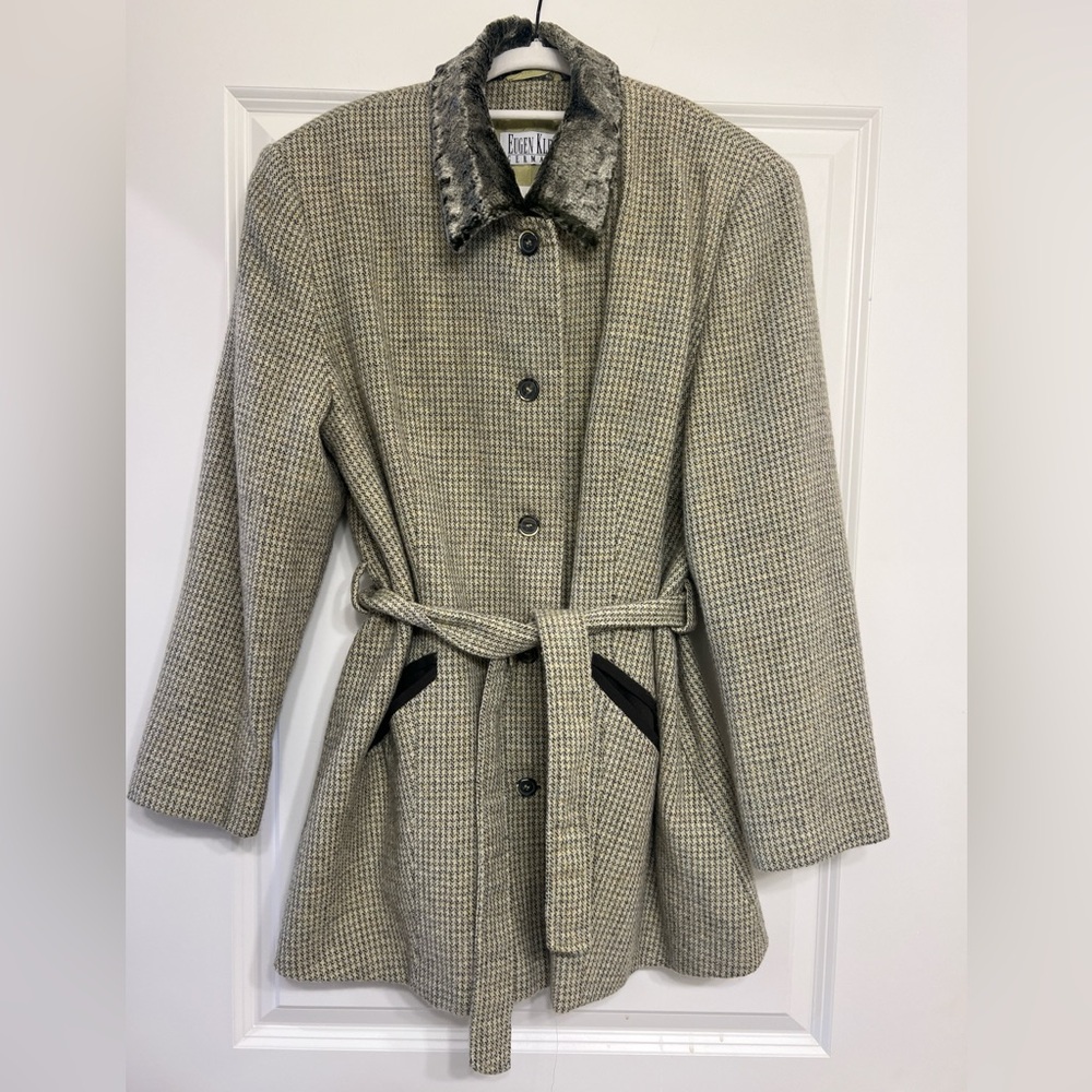 Eugen Klein Vintage Women's 100% Wool Coat with Faux Fur Collar, green